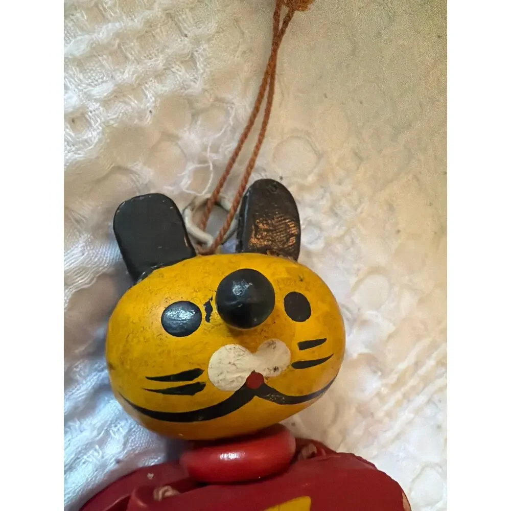 Vintage Wooden Jumping Jack Cat Pull String Hand Painted Folk Art Toy 7